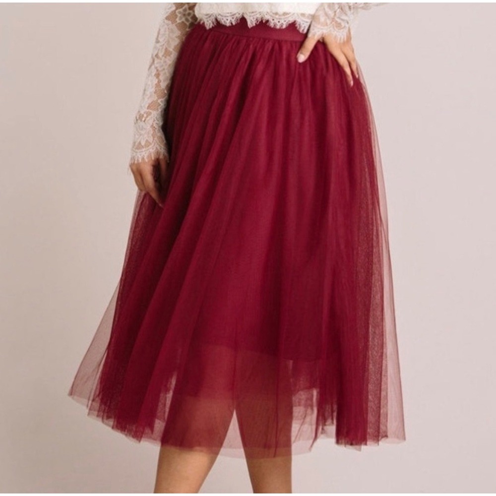 Esley Raspberry Burgundy Tulle Mesh Midi Skirt Small Elastic Waist‎ Layered